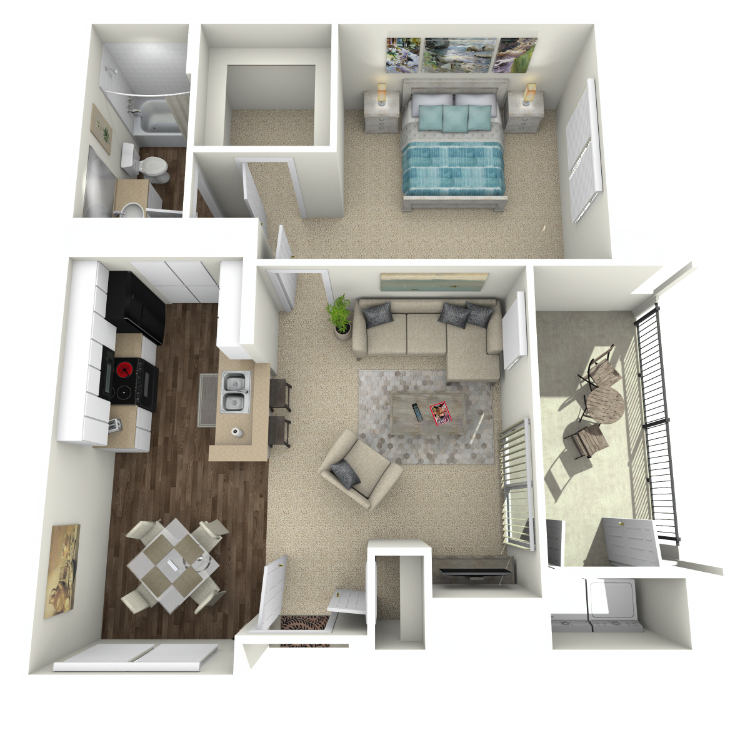 Plan Three, a villas antonio apartment home 1 bathroom floor plan.